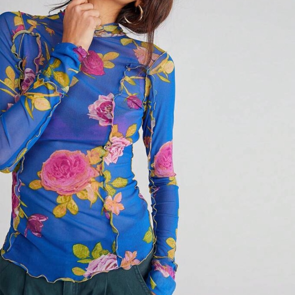 Bohemian Floral Pattern Mock Neck Semi Sheer Long Sleeve Top S M L